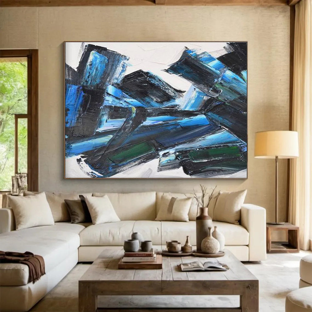 Blue - Black Abstract Blocks Painting with Deep and Vibrant Tones THY284