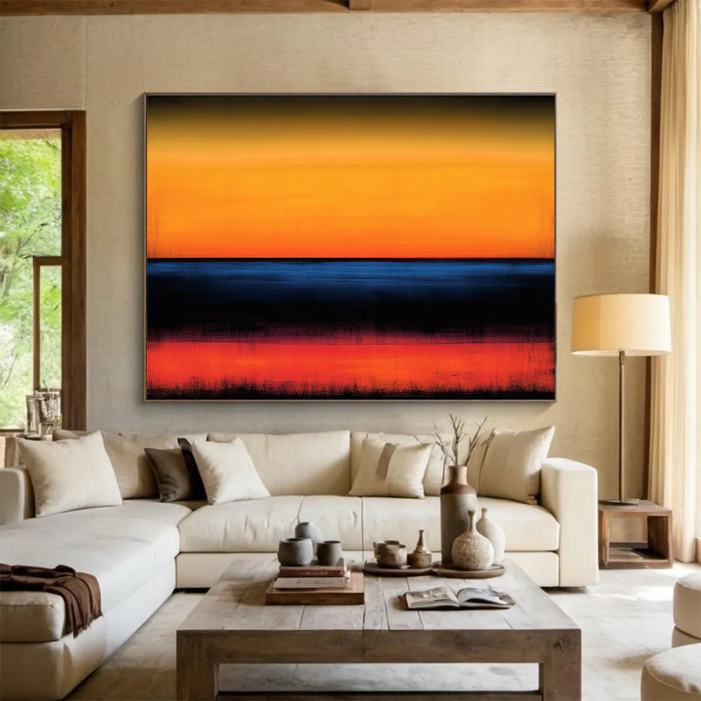 Large abstract painting featuring an orange and blue color scheme with blurred edges and a serene horizon over the ocean at sunset.SC053