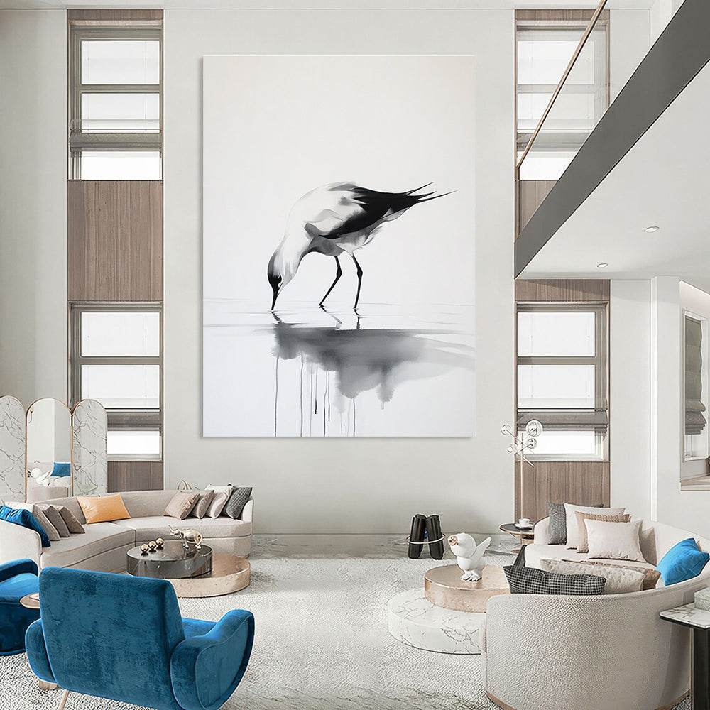 Large abstract ink painting featuring a graceful bird walking on water in a minimalist style with elegant movements and delicate brushstrokes on a pure white background.STSC907