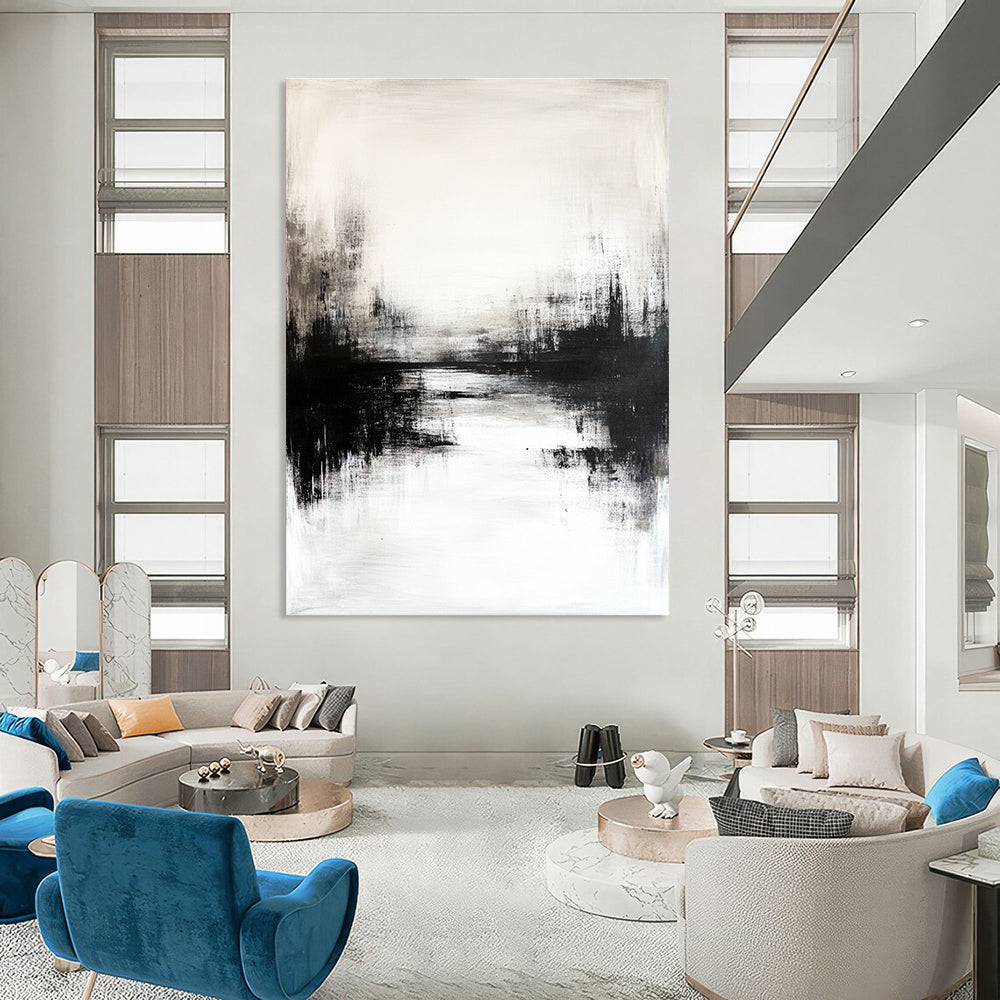 Large abstract painting featuring black and white tones with soft hazy reflections in neutral colors creating a low-contrast atmospheric effect.STSC234