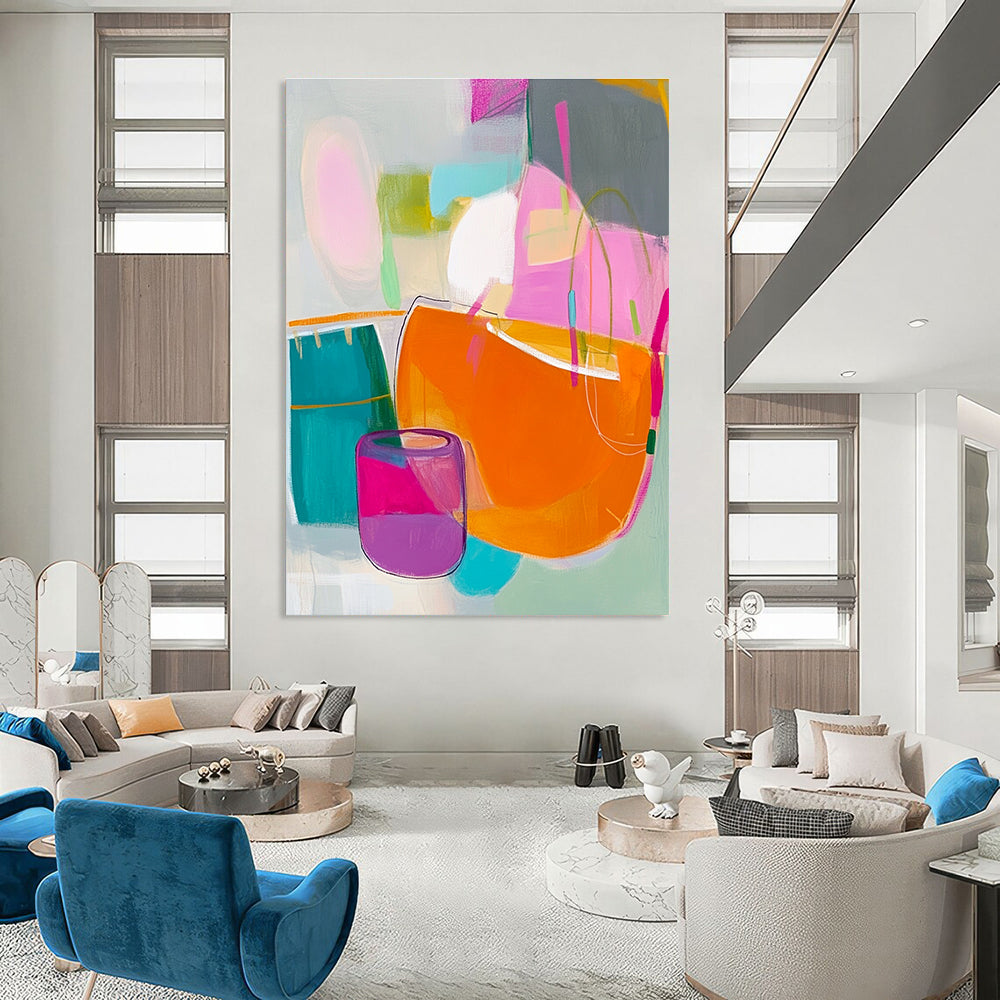 Abstract painting features pink green yellow shapes with an orange handbag blue box and purple jar on a soft gray background.STSC788
