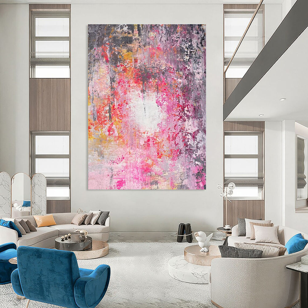 Pink - Gray Abstract Painting with Vibrant Splashes ADGE470