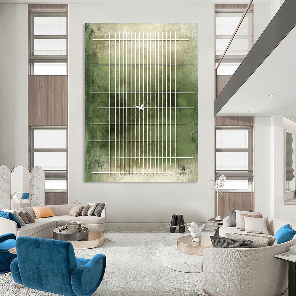 Large abstract painting featuring a green striped background with white doves symbolizing peace against soft beige tones evoking hope and contemplation.STSC1216