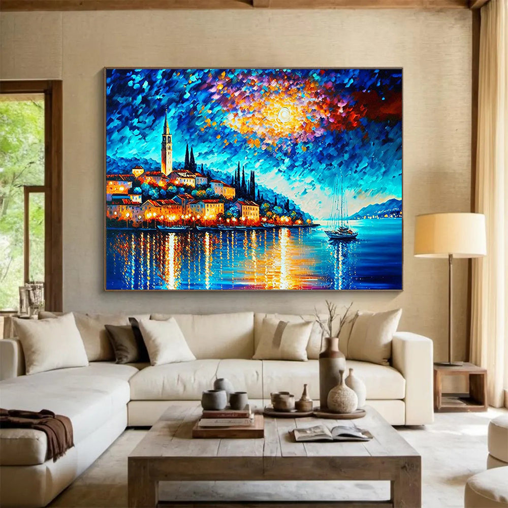 Moonlit Harbor Abstract Painting with Deep Blues and Warm Glows THY300