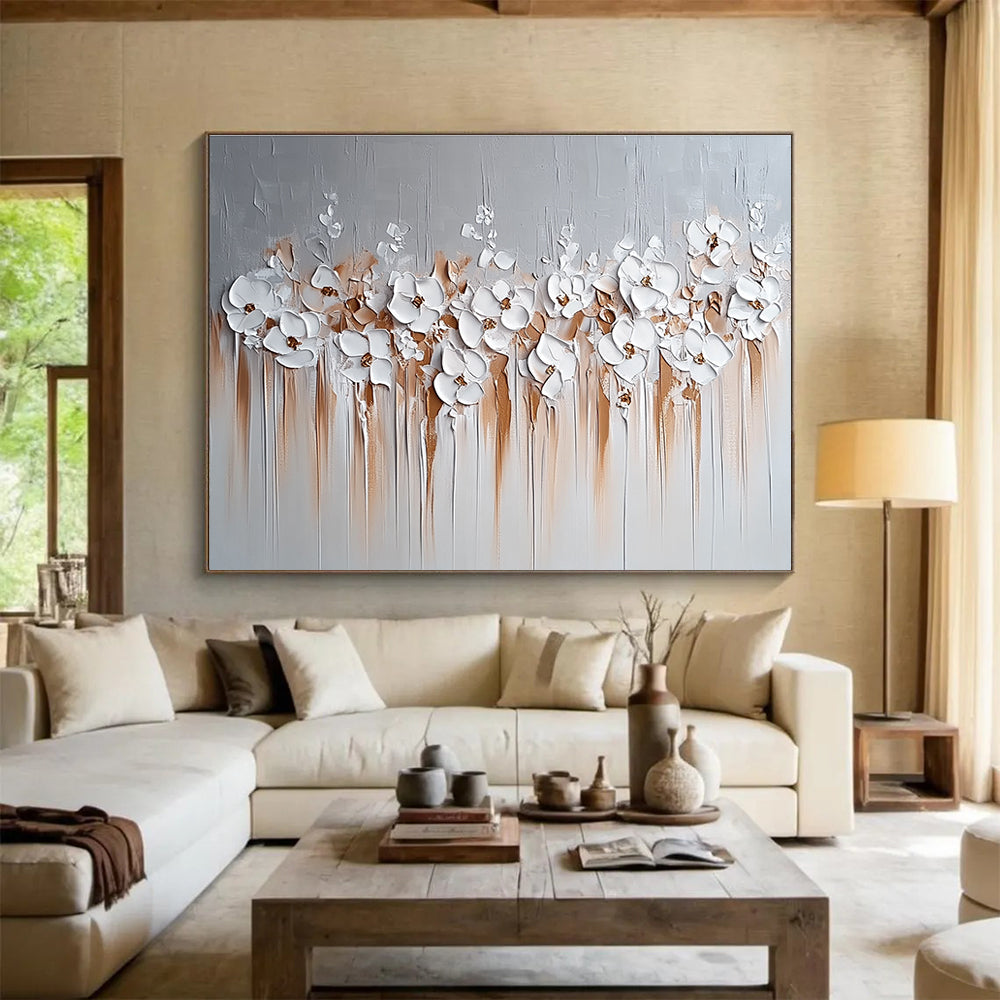 White Flowers with Brown Drips Abstract Painting in 3D Textures DYP452