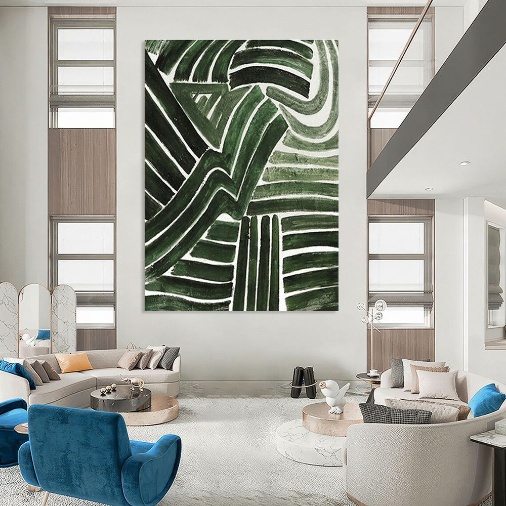 Green Curved Lines Abstract Painting with White Background ADGE492