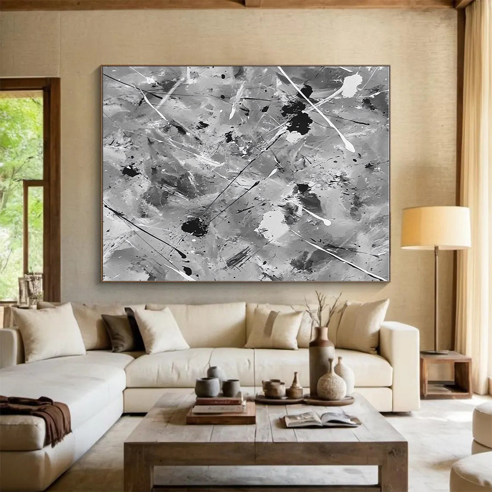 Black and White Splash Abstract Painting with Dynamic Splatters GER106