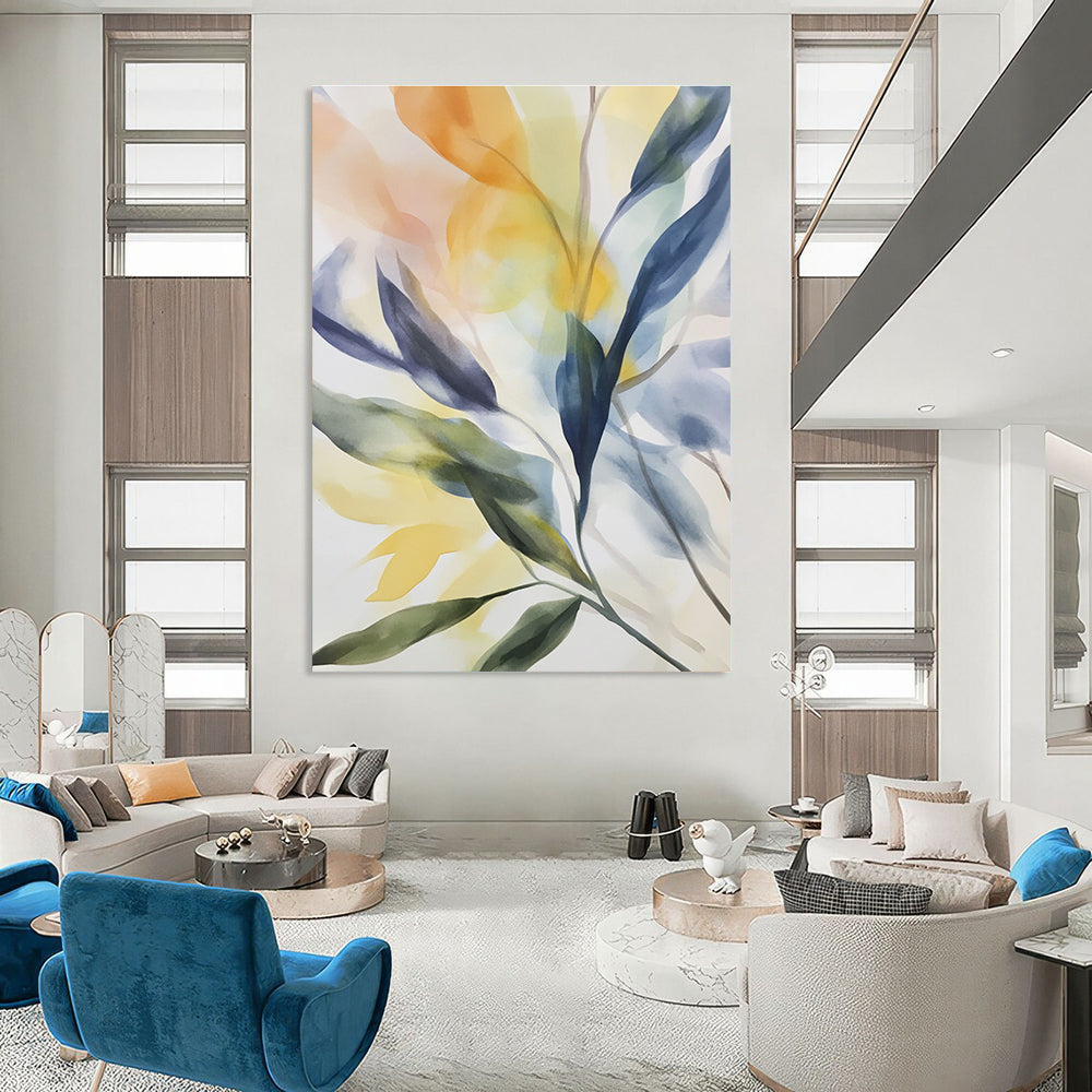 Large abstract watercolor painting featuring delicate leaves and flowers in indigo blue yellow-green light orange pale purple light pink and dark gray.STSC502