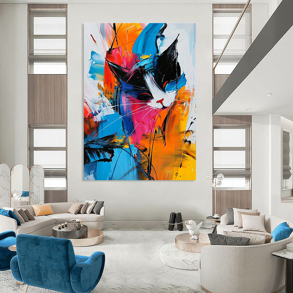 Large abstract painting featuring colorful shapes and lines with expressive brushwork and dynamic lighting on a white background with blue accents.STSC306