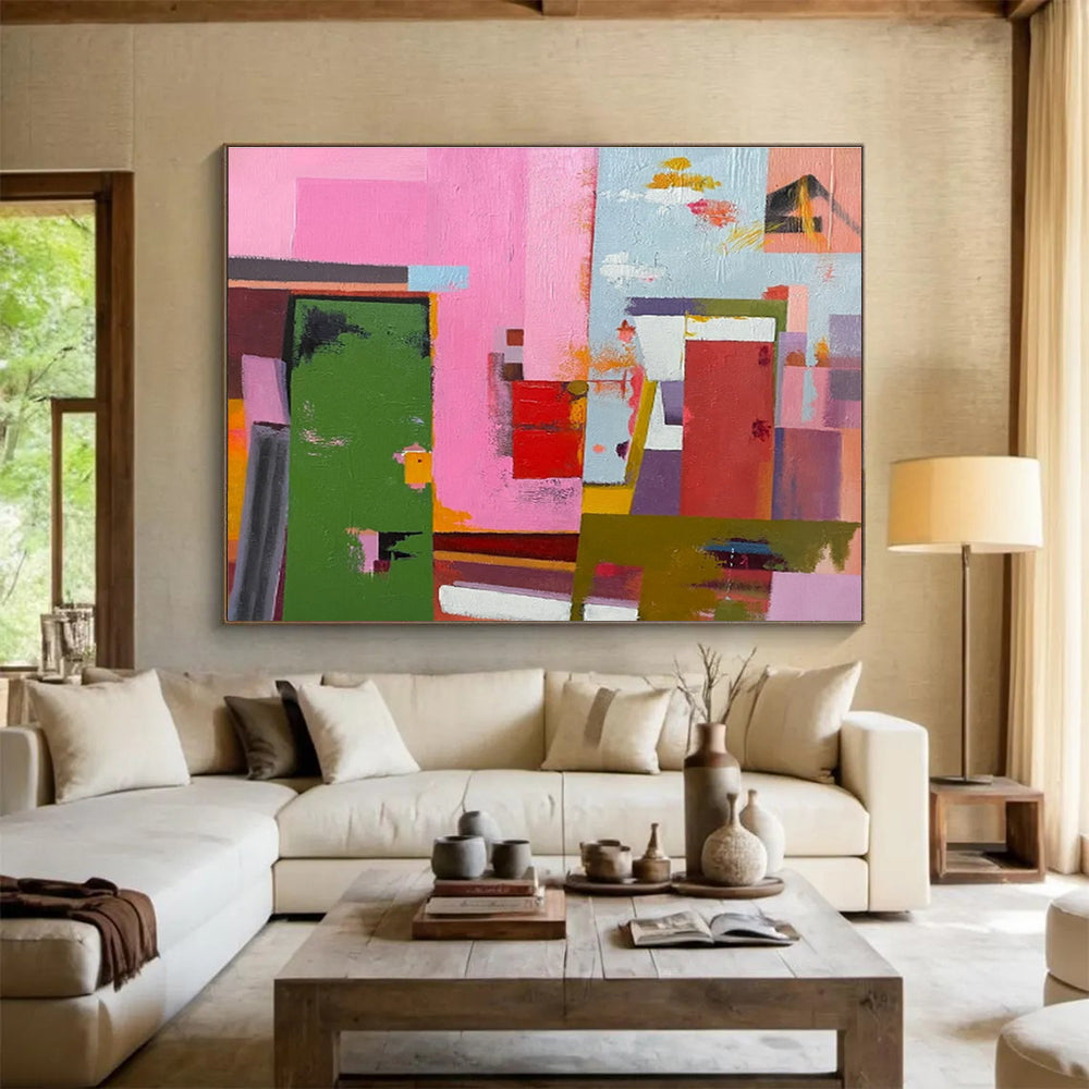 Pink and Colorful Blocks Abstract Architectural Painting THY013
