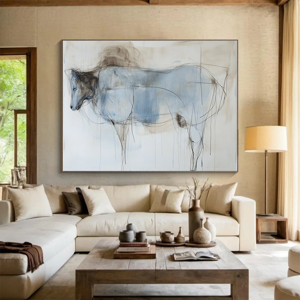 Large abstract painting of an animal's body featuring thin lines and washes in subtle pastel colors of light blue and dark brown on a white background.SC153