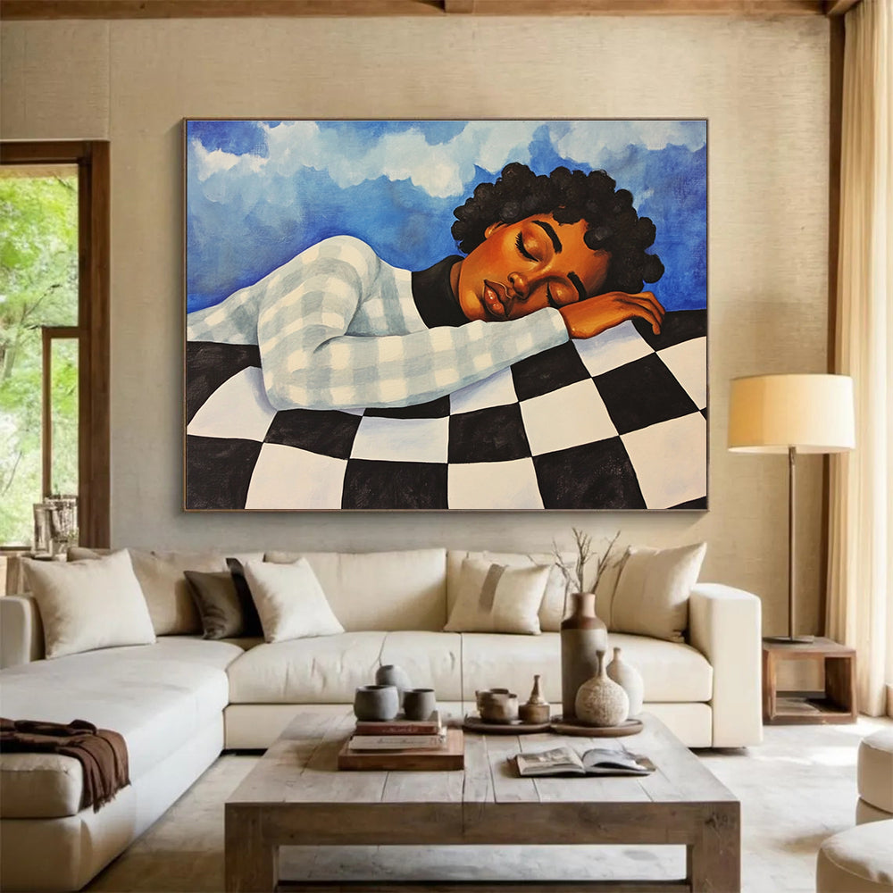 An abstract painting featuring an African American woman in a checkered sweater, resting against a blue sky with clouds, evoking a vintage 1970s style.SC402