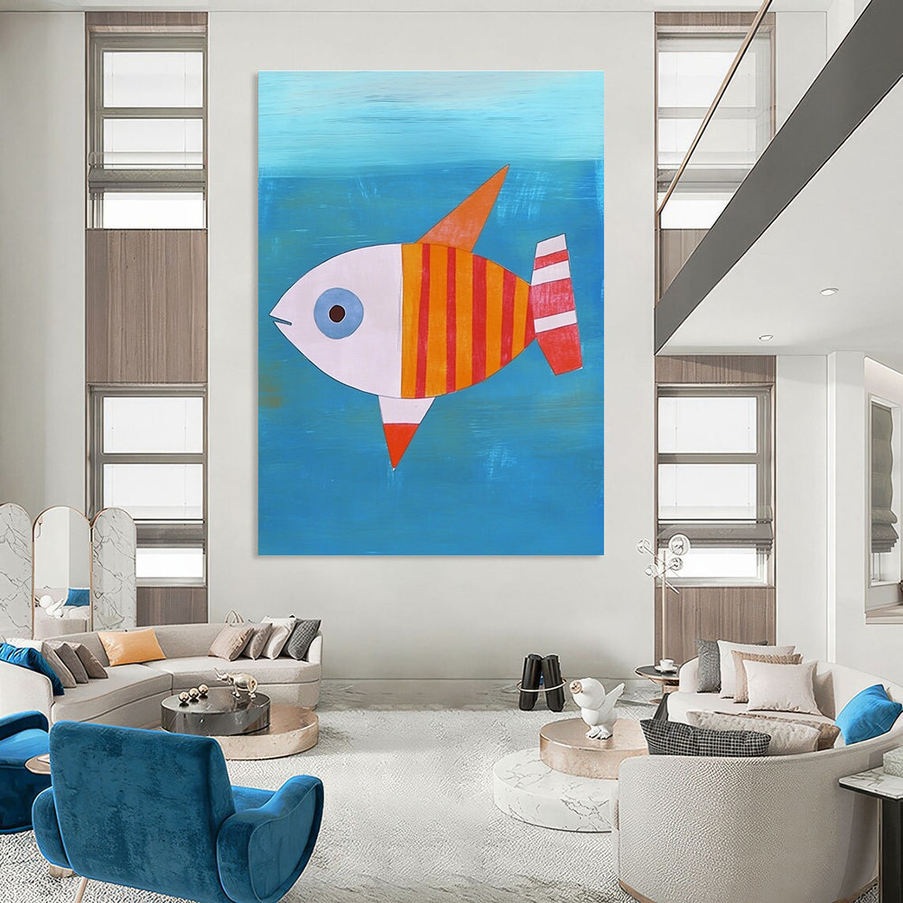 A large abstract painting featuring a flat illustration of a fish with an orange-red body and white stripes swimming in blue water.STSC995