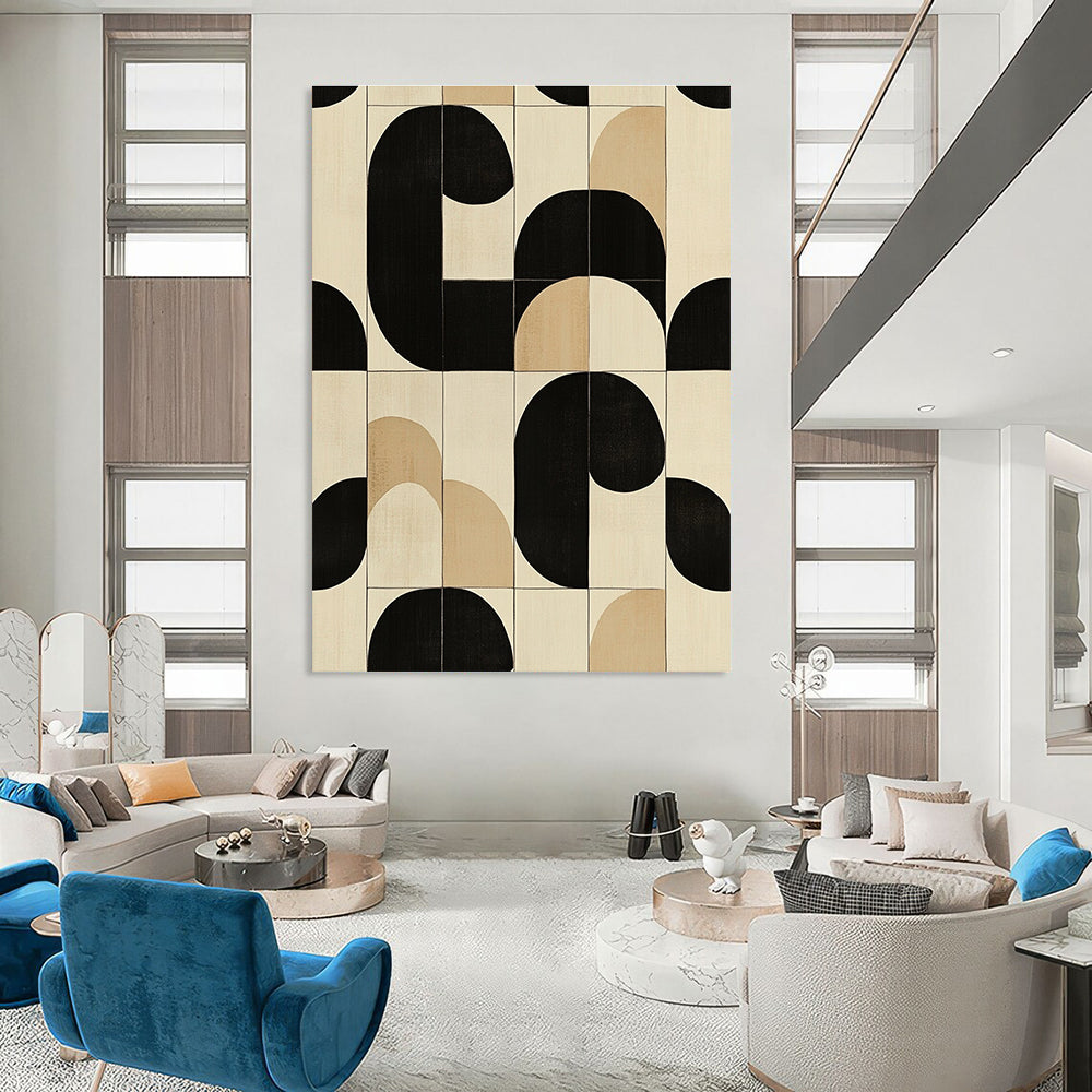 Large abstract painting featuring modern black white and beige circles and squares perfect for contemporary decor.STSC1102