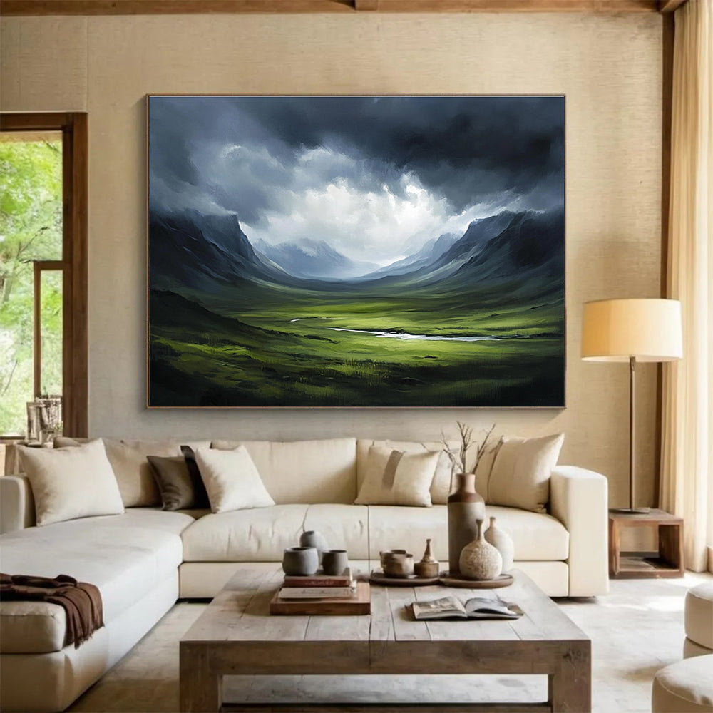 Mountain Valley Storm Dramatic Abstract Painting with Dark and Green Tones DYP604