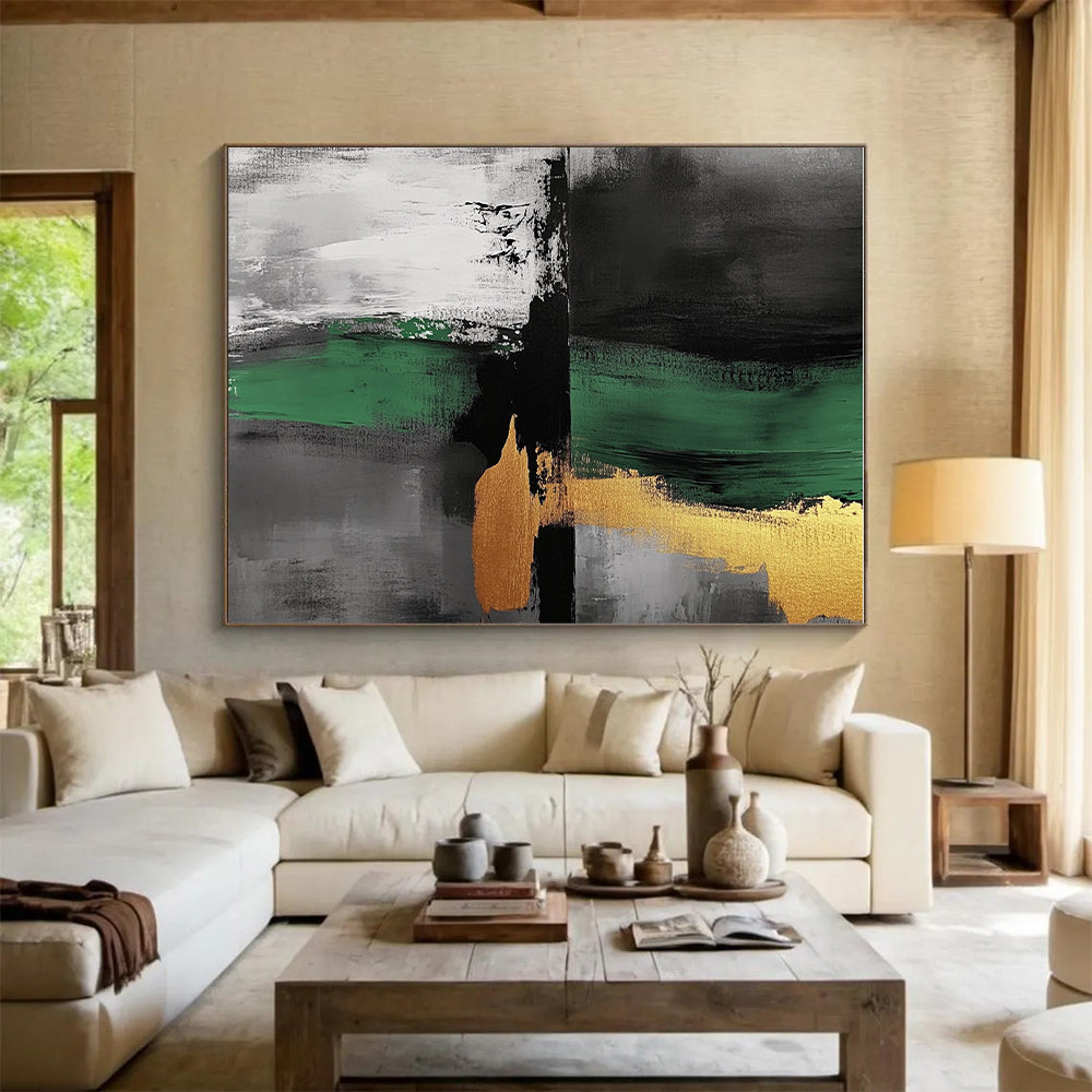 Green Gold and Gray Abstract Painting with Bold Strokes GER550
