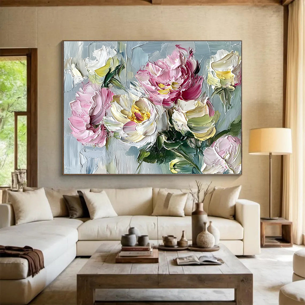 Large abstract painting featuring peonies and roses in vibrant shades on a textured grey background with impasto brushstrokes.SC125