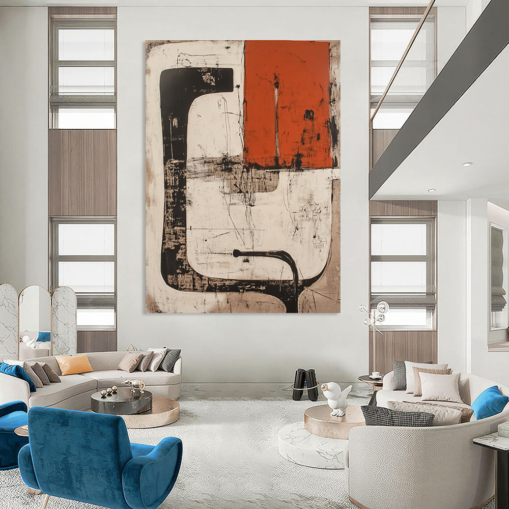 Abstract artwork in white and red featuring collage shapes lines black pipes and an orange rectangle with a silhouette on a light brown ink wash background.STSC845