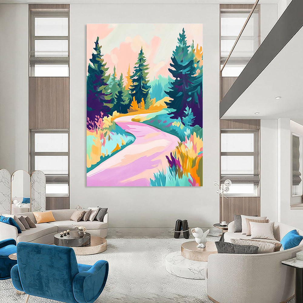 Abstract painting featuring an alpine road with pine trees in shades of teal purple pink and yellow using a soft-focus acrylic technique.STSC1019