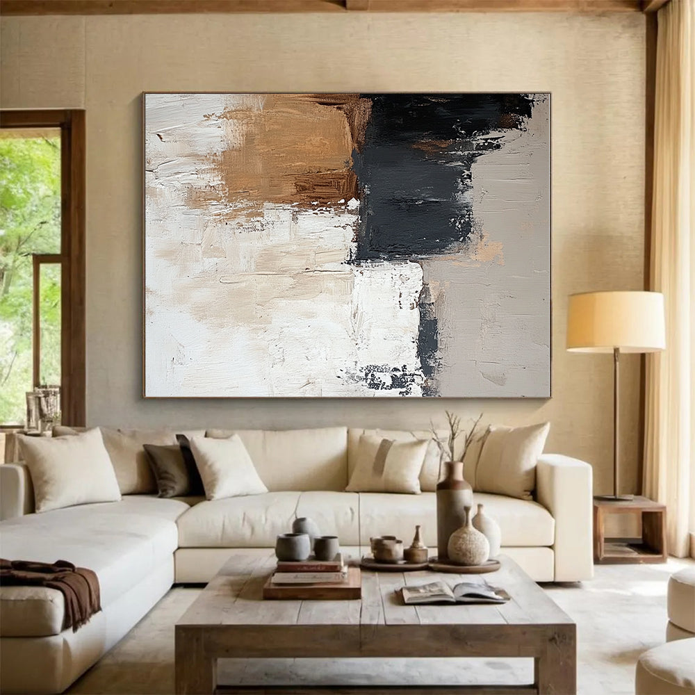 Brown Gray and White Abstract Painting with Textured Patches GER473