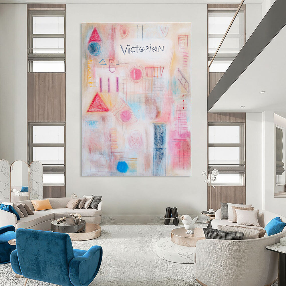 Large abstract artwork featuring soft pastel colors geometric shapes and delicate white text reading Victorian in a harmonious collage.STSC1204