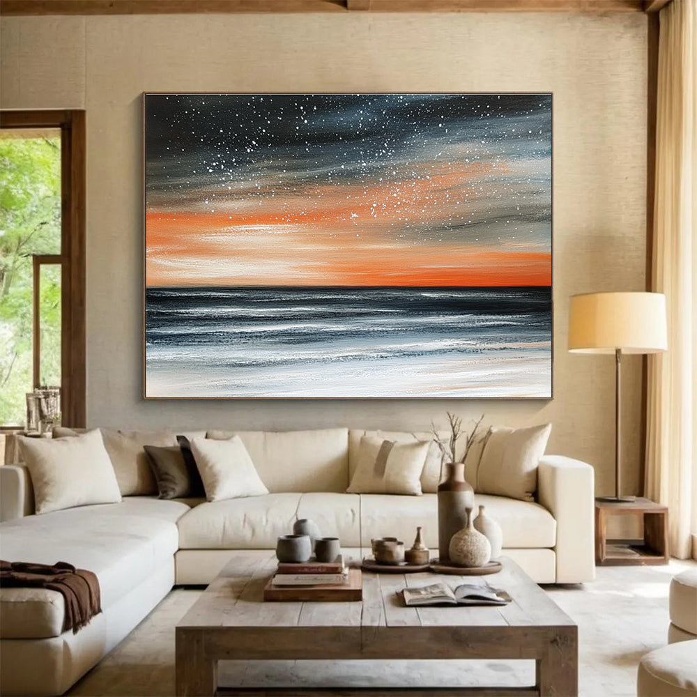 Starry Sea Sunset Abstract Painting with Orange Black and White DYP289