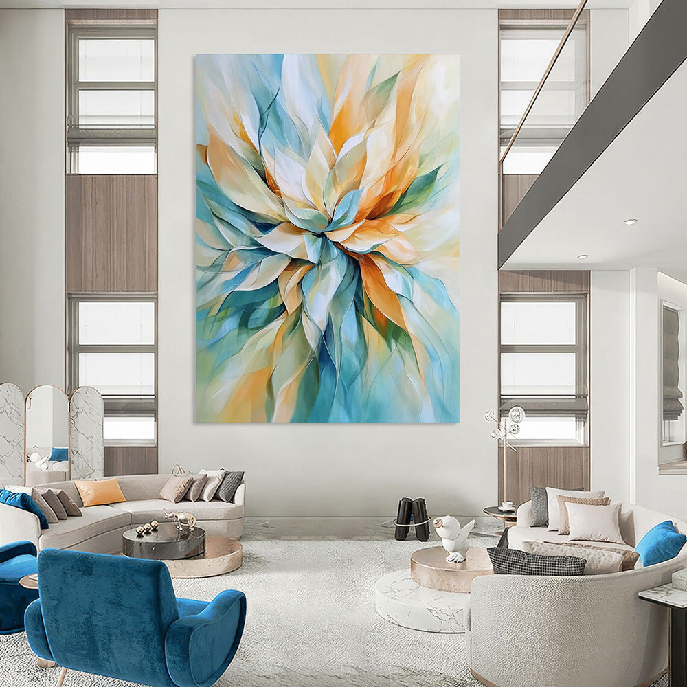 Abstract painting of a flower in light blue and beige with soft lines and pastel tones featuring accents of orange and green for depth.STSC670