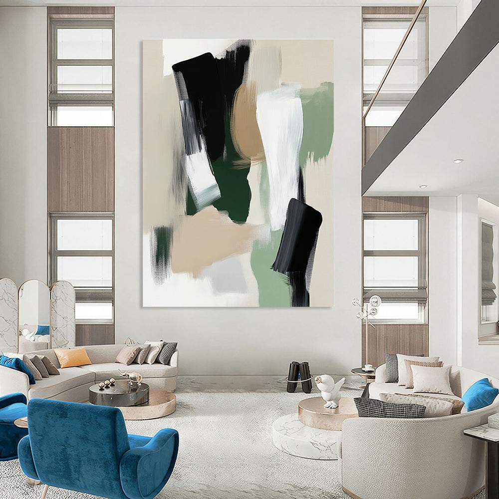 Large abstract painting featuring sage green white and black tones with soft edges and minimalistic brush strokes in a modern art style.STSC791