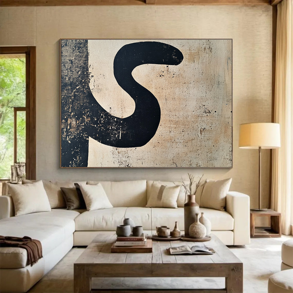 A large abstract painting featuring the letter S in black and beige, perfect for modern decor and minimalist aesthetics.SC501