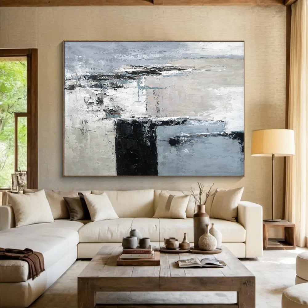 Minimalist Block Abstract Painting with Grey and Black Tones THY152