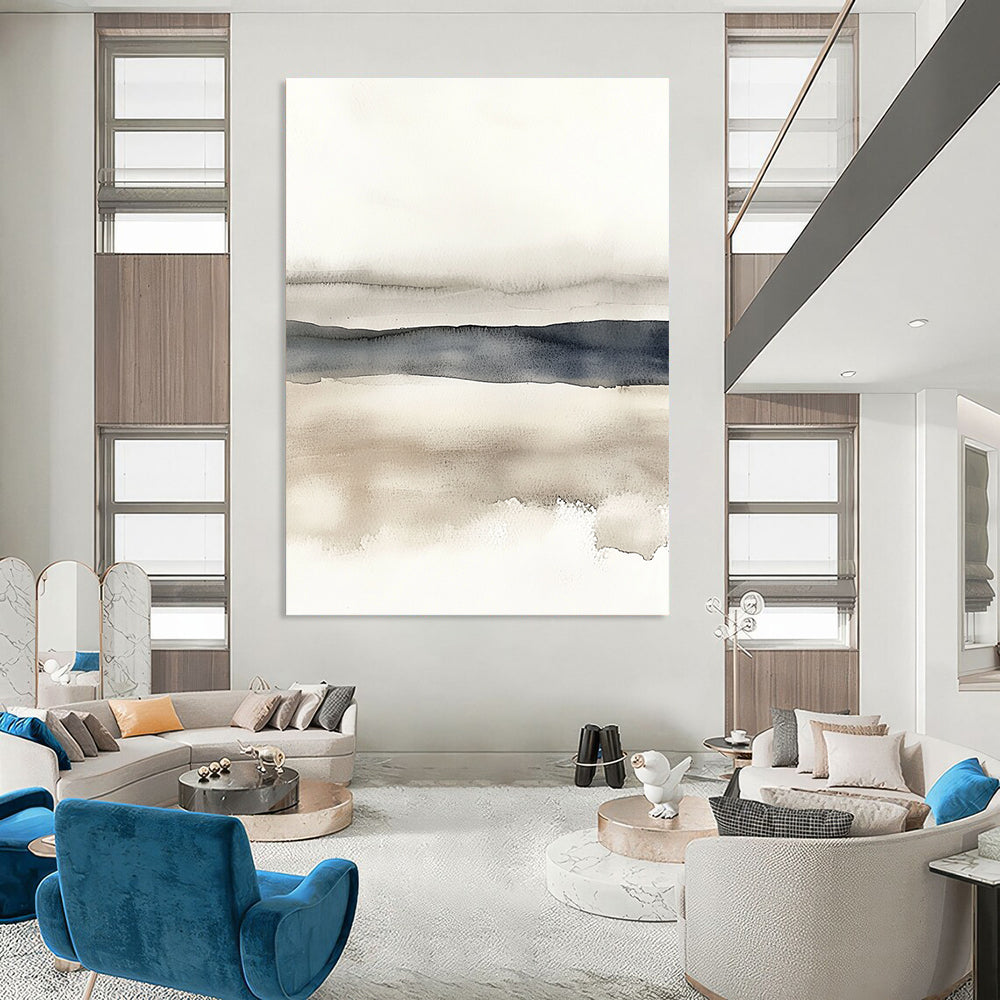Large abstract watercolor in neutral tones featuring beige grey and navy blue on a white background with horizontal lines for a minimalist landscape.STSC496
