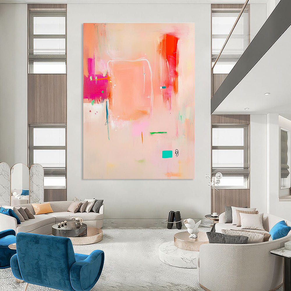Abstract painting in pink white and orange with soft lines on beige featuring joyful elements a colorful central square and an empty text space.STSC689