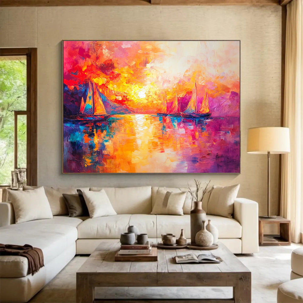 Vibrant Sunset Sailboats Abstract Painting with Bold Color Palette DYP321