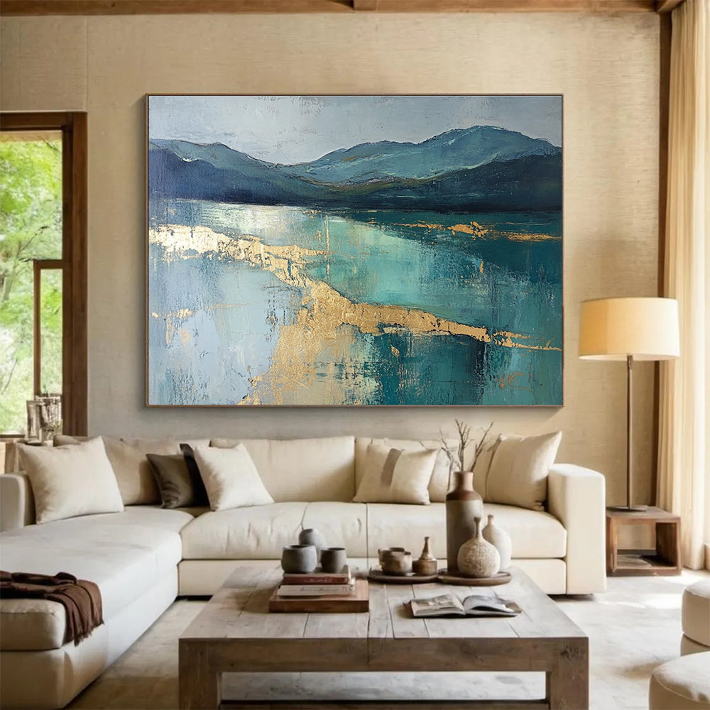Blue Mountain Lake Gold Abstract Painting with Metallic Highlights DYP266
