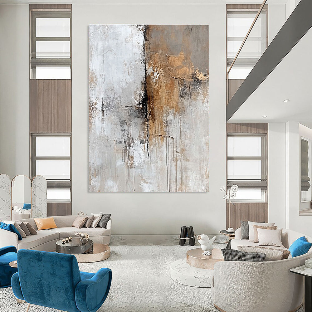 Abstract oil painting featuring faded beige grey and brown textures on a white background evoking nostalgia and mystery through subtle details in corners.STSC591