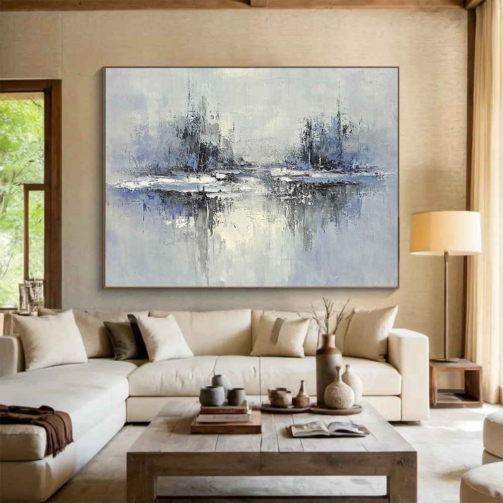 Blue and Gray Cityscape Reflection Abstract Painting with Subtle Textures DYP334