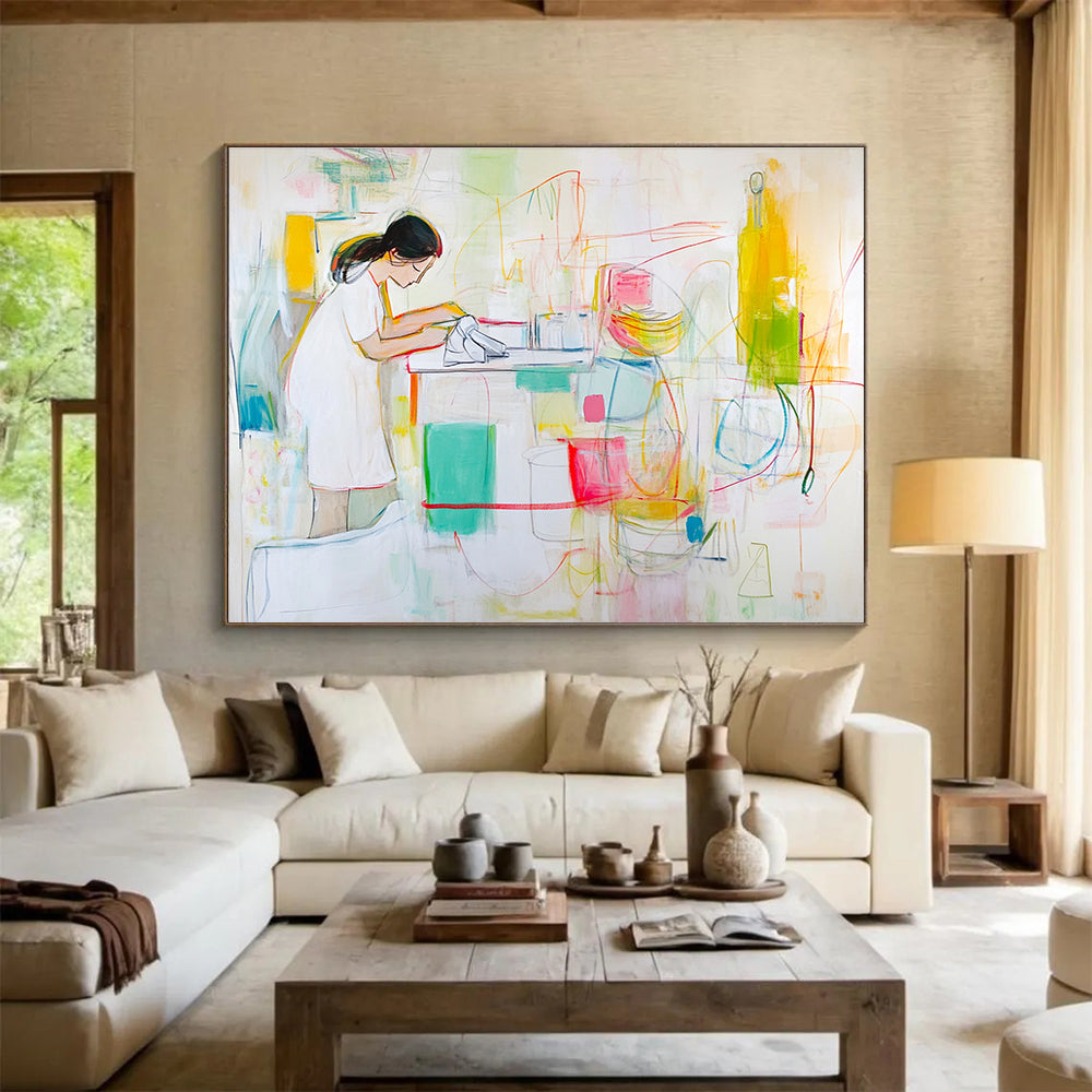 Figurative Kitchen Scene Abstract Painting with Colorful Elements DYP325
