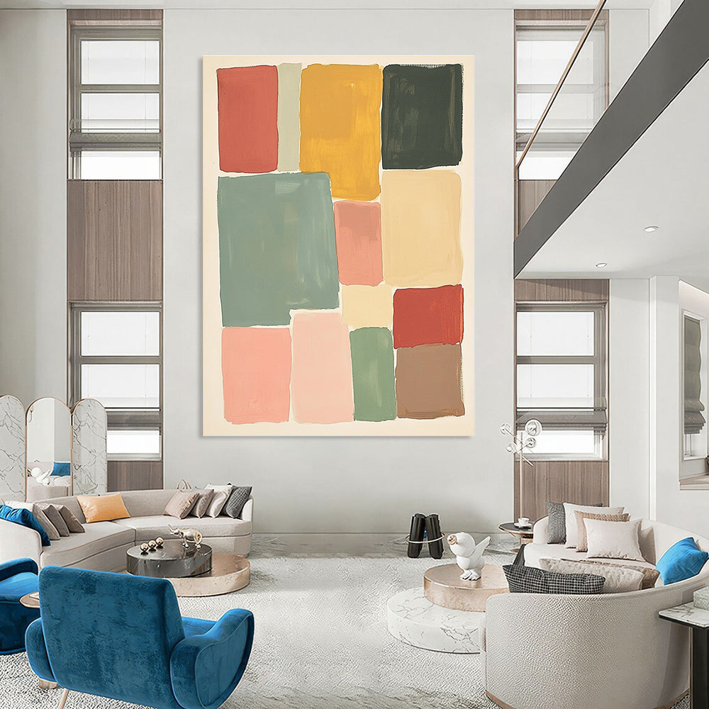 Large abstract painting featuring muted colors and soft hues in thick block shapes of sage green pink red and yellow against a white background.STSC1361