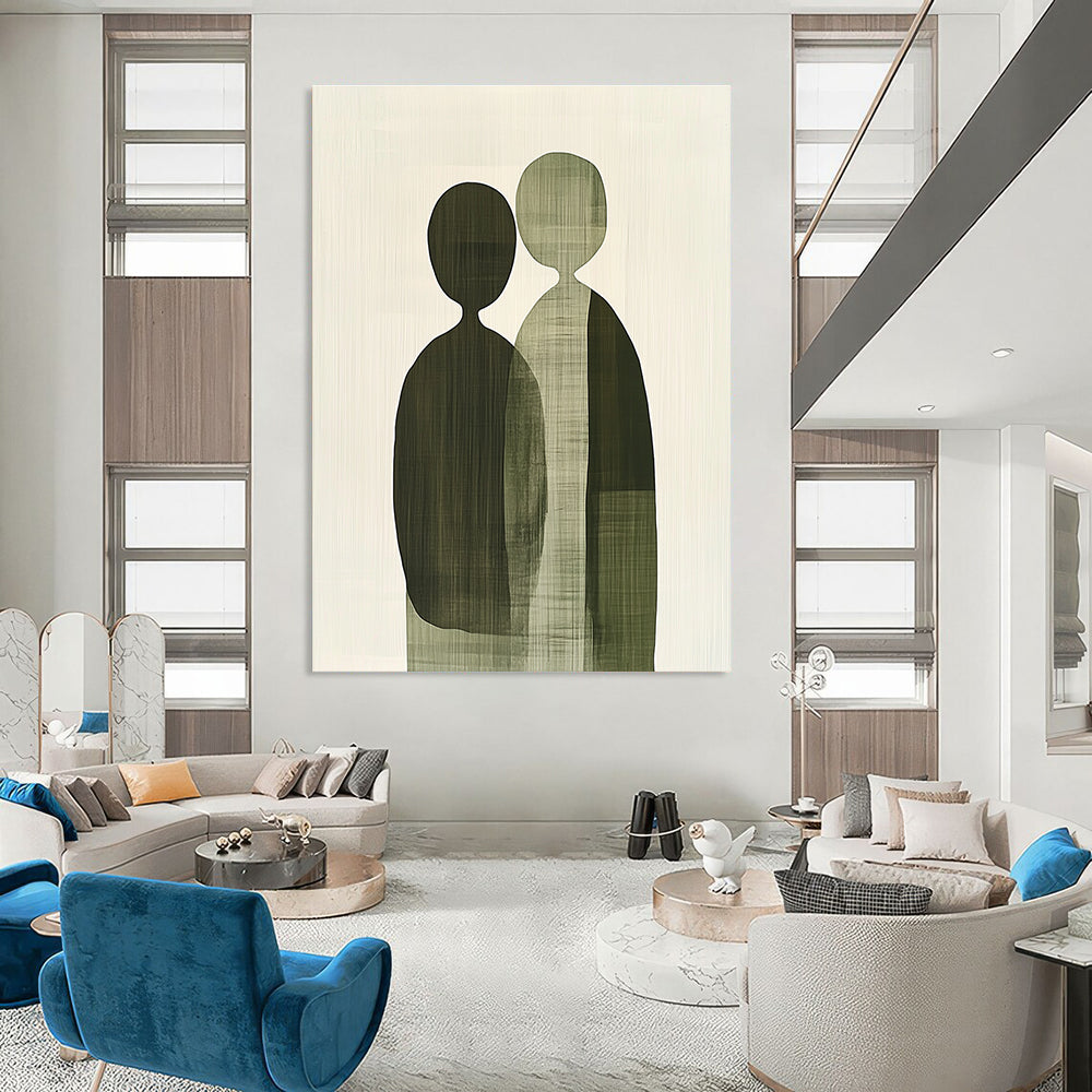 A large abstract painting featuring green and gray shapes with subtle textures, depicting unity and connection through minimalist design and soft tones.STSC1075