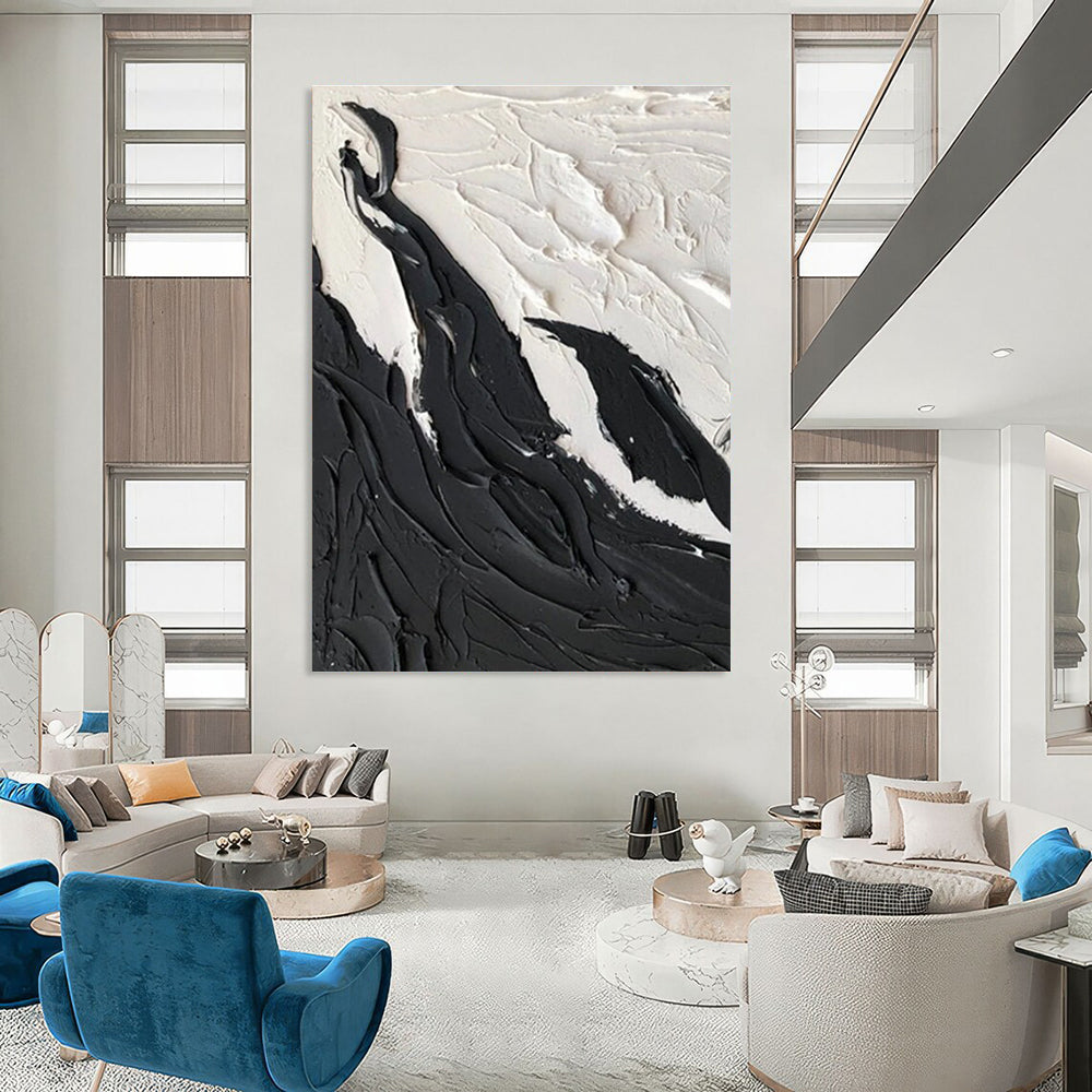 Black and White Textured Abstract Painting with Mountain - like Forms ADGE404