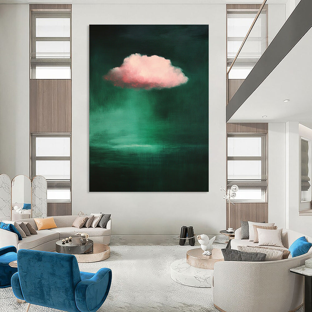 Large abstract painting featuring a pink cloud against a dark green background inspired by the style of Raimad Zinoglu.STSC1402