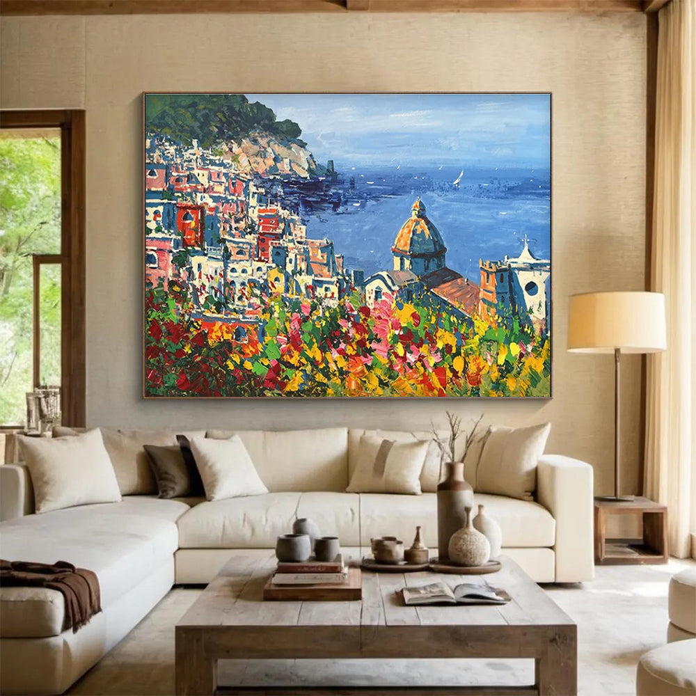 Coastal Town with Flowers Impressionist Painting THY457
