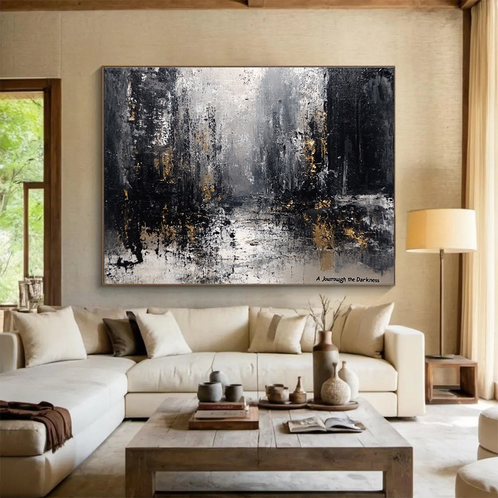 A large abstract painting featuring a grey and black palette with industrial buildings blurred under a gloomy sky and raindrops evoking desolation.SC286
