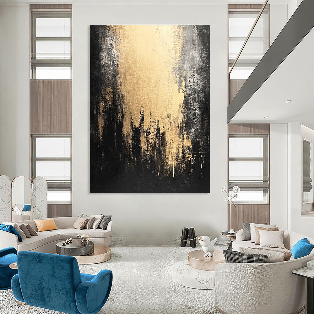 Large abstract painting in dark gray and light gold showcasing urban decay with black shadows for a captivating contemporary atmosphere.STSC228