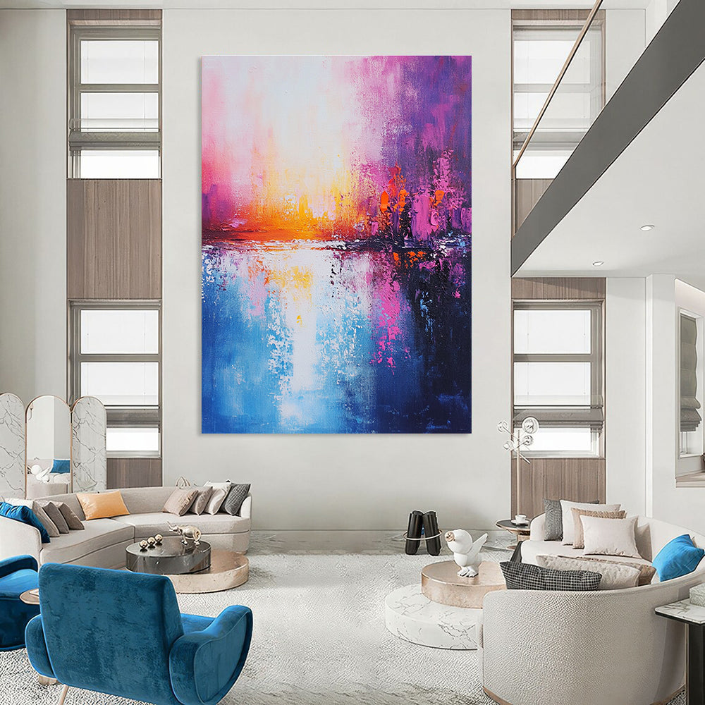 Large Abstract Painting of a tranquil ocean in pink blue and purple tones with a sunset warm cool palette and detailed brushstrokes on canvas.STSC265