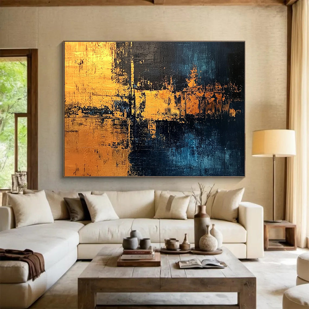 Golden Night Abstract Painting with Blue and Gold Tones DYP529