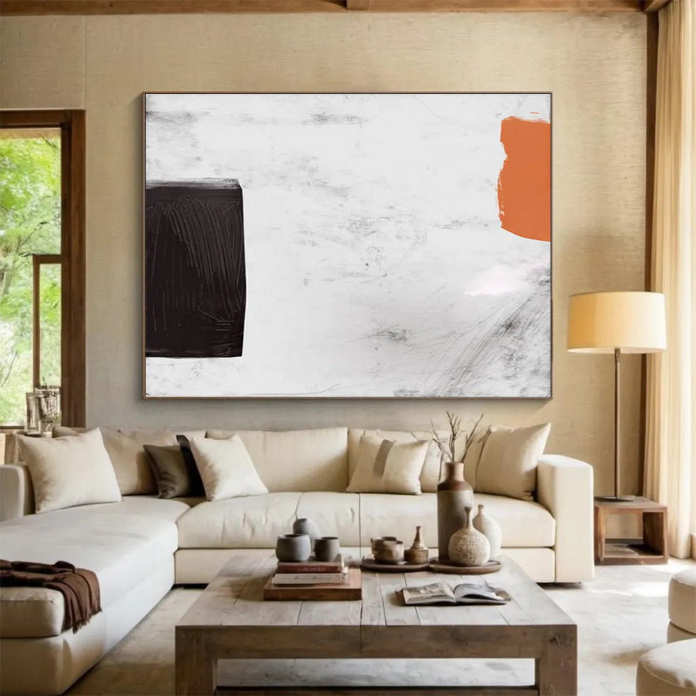 Minimalist Color Block Abstract Painting with Black, White, and Orange THY146