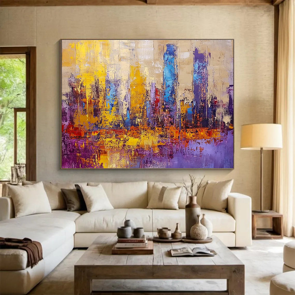 Colorful Cityscape Abstract Painting with Purple and Gold Accents DYP514