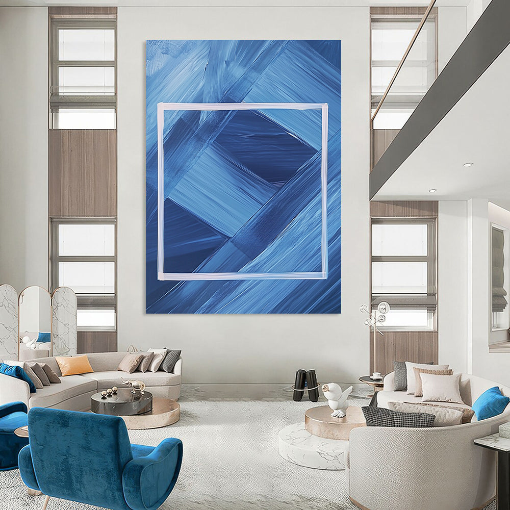 Abstract painting featuring a dark blue background with a white frame and geometric shapes creating a symmetrical minimalist design.STSC037