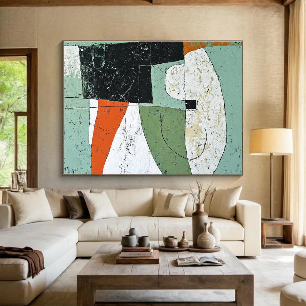 Geometric Forms Abstract Painting with Green Orange and White Tones DYP357